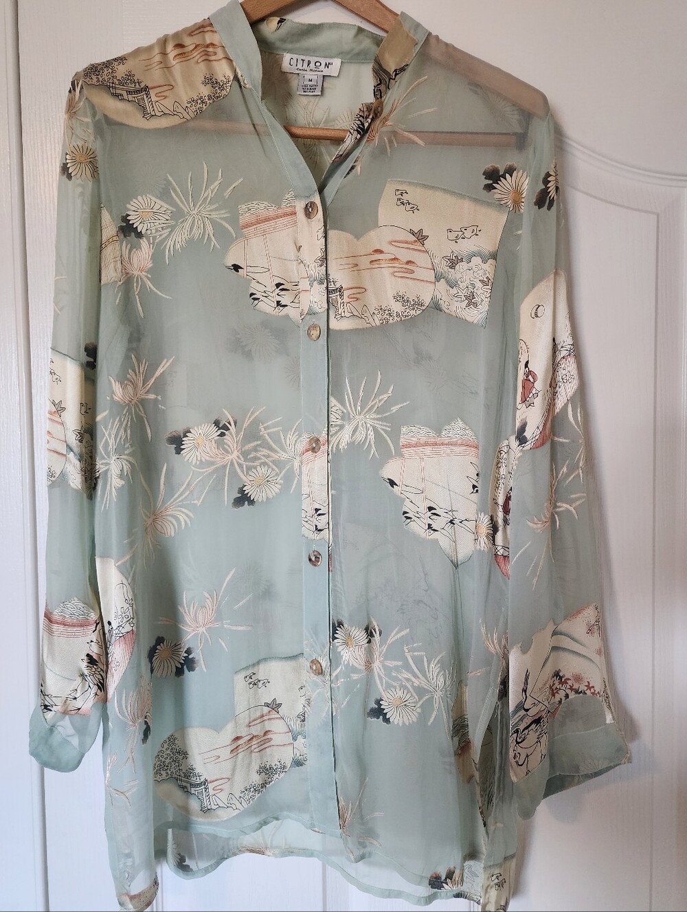 💎VTG CITRON Santa Monica Silk Devore BURNOUT Blouse. Geisha Crane Art to Wear M